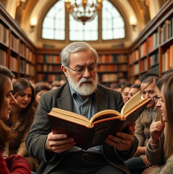 author reading a book in a library